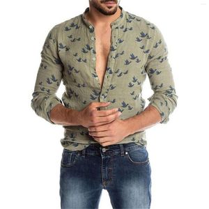 Camisas casuais masculinas camisa de verão masculino fit slim fit butel butet linho de linho de algodão impressão pássaro impressão sólida manga longa europeia Estilo americano