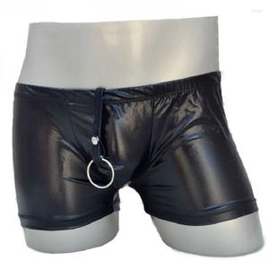 Onderbroek Zwart Mannelijke Kunstleer Kofferbak Lage taille Sexy Heren Ringen Slipje Cool Boxers