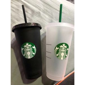 Starbucks 24OZ/710ml Plastic mug Reusable Clear Drinking Flat Bottom Cup Pillar Shape Lid Straw Mug Bardian DHL