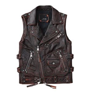 Vintage Brown Motorcycle Vests Men Natural Cowhide Genuine Leather Jacket Sleeveless Men's Riding Vest Motor Biker Jackets S-5XL