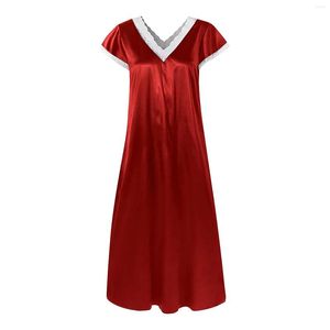 Women's Sleepwear V Neck Faux Silk Solid Summer Long Dress Gift Women Nightdress Short Sleeve Daily Sleeping Sexy Lace Homewear Soft