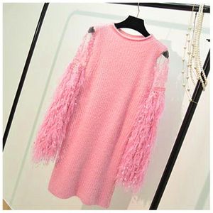 Women's Sweaters Autumn And Winter Hand Crocheted Mohair Lantern Sleeve Knitting Dress Women Lace Fringed Long Sweater Dresses