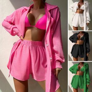 Women's Swimwear 3 Pcs/Set Bra Shorts Cover Up Set Solid Color Turn-down Collar Beach Cardigan Low-cut Elastic Waist Long Sleeves Lady Suit