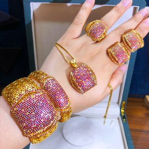 Bangle Godki Luxury Hollow Lace 5st Armband Ringörhängen Set för kvinnor Bröllop Bridal Zircon African Indian Dubai Jewelry 230506