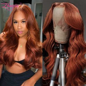 Spetsspår Brown Auburn Body Wave Front Wig Brasiliansk rödaktig transparent för kvinnor Human hår före plockad 250 densitet 230505