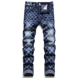 Mäns jeans män kontrollerar tryckt stretch denim jeans streetwear pläd smal mager avsmalnande byxor mitt midja byxor blå svart 230506