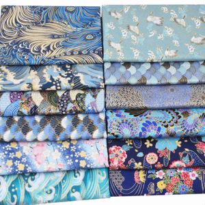 Tygfärgad japansk bronsblå bomullstyg tryckt trasa för kimono textil tyg färgglada dockor väskor lapptäckmaterial p230506