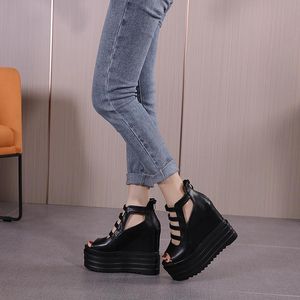 Sexy Sandals Hollow Summer Fish Mouth Shoes European And American High-Heeled Wedge Black Ladies With Waterproof Platform. 29679