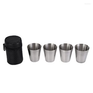 Hip Flasks 4Pcs 30ML Stainless Steel Camping Cup Mug Hiking Portable Tea Coffee Beer With Black Bag