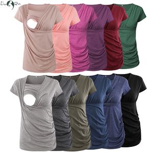 Maternity Tops Tees Liu Qu Summer Women's Maternity Nursing Tops Casual Short Sleeve Side Ruched Pregnancy Breastfeeding Shirt Solid Pregnant Top 230504