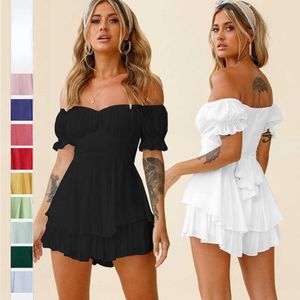 Casual Dresses Women Boho Romper Off Shoulder Ruffle Chiffon Mini Dress Dubbel Layer Ruffle Hem Shorts Sleeve Smocked Shorts Jumpsuit Playsuits Z0506