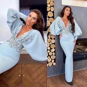 New Evening Dresses Straight Deep V-Neck Prom Party Gown Long Sleeve Floor-Length Applique Crystal Satin long Plus Size Custom