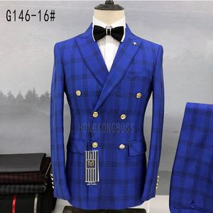 Ternos masculinos Blazers Homens Double Breasted Terno Casaco Calças 2023 Business Formal Vestido Slim Fit Noivo Casamento Calças 2 Pcs Set 230506