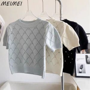 Mulheres T Shirt O Pescoço Rhombic Diamantes Puff Manga Coreana Moda Knit Tops Casual Sólido Slim Fit Camisola Mulheres Elegante Chique Knitwear Pulôver 230506