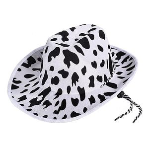 Unisex Cow Print Cowboy Hat With Adjustable Windproof Cord For Women Men Lanyard Fancy Dress Hats Breathable Costume Clothes