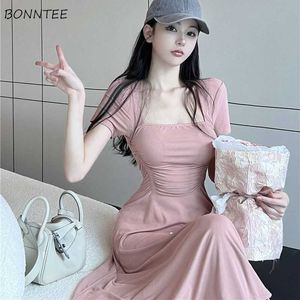 Freizeitkleider Kleid Damen Rosa Einfarbig Süß Lässig Wadenlang Sommer Koreanischer Stil Mode Jung Mädchenhaft Klassisch Allmatch Grundlegend Alltag Tender Chic Z0506