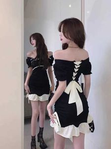 Casual Dresses QWEEK Y2k Bandage Sexy Bodycon Black Dress Women Korean Wrap Puff Sleeve Mini Short Dresses Party Ruffles Backless 2022 Fashion Z0506