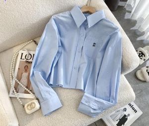 Kvinnor Tees Luxury Blus Shirts Designer Casual Shirt Mius broderade bokstäver Långärmar Hot Diamond Polo Collar Blue Tshirt Högkvalitativ