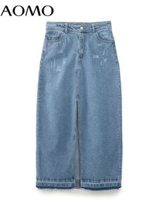 Skirts AOMO Women Blue Ripped Denim Skirt Vintage Zipper Pocket Ladies Chic Maxi Skirts 6H261A 230506