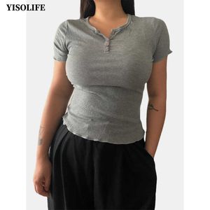 Damen T-Shirt YISOLIFE Damen Rippstrick T-Shirts V-Ausschnitt Oberteile Weiche T-Shirts 2023 y2k Kurzarm Lässige, schmal geschnittene Oberteile Z0506