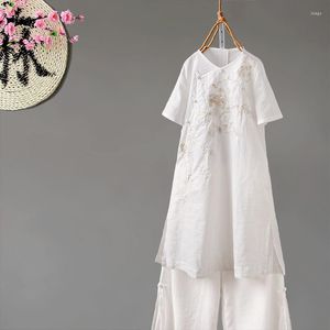 Roupas étnicas Retro retro linho literário calças de perna larga roupas chinesas tradicionais 2023 tapas de estilo de zen longas médios