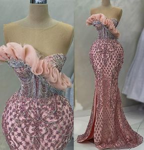 2023 Maj Aso Ebi Pink Mermaid Prom Dress Pärled Crystals Luxurious Evening Formal Party Second Reception Födelsedagsengagemang Klänningar Robe de Soiree ZJ170