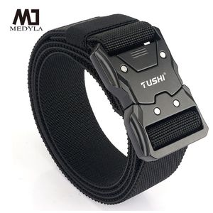 Bälten Medyla Officiell äkta Tactical Belt Metal Buckle Quick Release Elastic Belt Casual Tooling Training Belt Men's Trousers Belt 230506