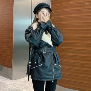 Women's Leather Lamb Wool Coat Women's Winter 2023 Korean Edition With Cashmere And Thickened Medium Length PU Fur Integrated Bikewear