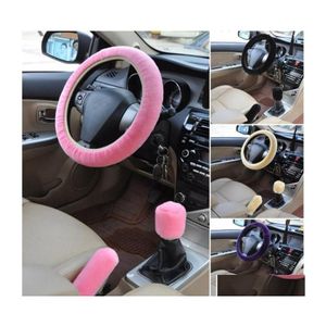 Steering Wheel Covers Ers 3Pcs/Set Car Winter Soft Er Handbrake Shift Knob Ers/Warm Super Thick Plush Gearshift Collarsteering Drop Dhglh