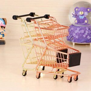 Baking Moulds Mini Double Layers Shopping Cart Model Wrought Iron Supermarket Trolley Metal Rose Gold Storage Basket