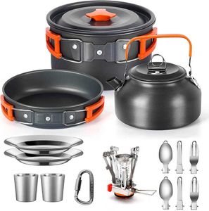 Camp Kitchen Camping Cooking Set Outdoor Aluminium Lightweight Equipment Camping Cookware Kit för resande vandringsvandringar P230506