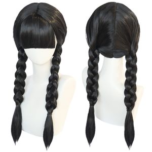 Syntetyczne peruki anogol środa Addams Cosplay Peruka Film Family Long Black Braids Hair z grzywką na imprezę Halloween 230505