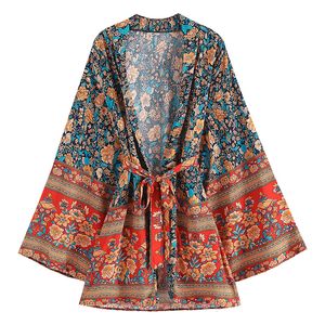 Women's Swimwear Vintage Women Boho Cover Ups Oversize Bohemian Rayon Cotton Kimono Sashes Hippie Blusas Chic Ethnic Tops 230505