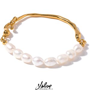 Bangle Yhpup Luxury Natural Freshwater Pearls Stainless Steel 18k Gold Color Bracelet Bangle Temperament Fashion Jewelry Women Gift 230506
