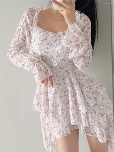 Casual Dresses Summer Holiday Style Mesh Print Stitching Ruffled Slim Long-sleeved Dress Women's Irregular Floral Refreshing Women