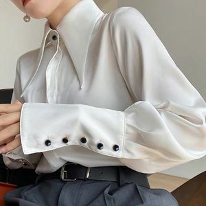 Camisas de blusas femininas outono Camisa de seda de cetim vintage Elegant Turn Down Collar Woman Blusa Branca de Manga Longa Camisas Tops BLUSAS 16946 230505