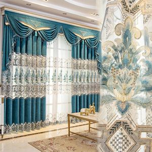 Cortinas cortinas de estilo europeu para sala de jantar de sala de jantar Borno azul bordado bordado de tule de tule leve luxo chenille personalizado