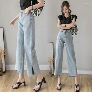 Women's Jeans Side Slit Wide Leg Women Summer High Waist Straight Pants Capris Korean Style Fashion Ladies Casual Loose Trousers