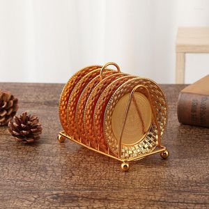 Table Mats Metal Coasters With Holder Set Of 6 Gold Weaved Round Cup Mat Pad For Drinks Funny Housewarming Gift Home And Kitchen Center PCS