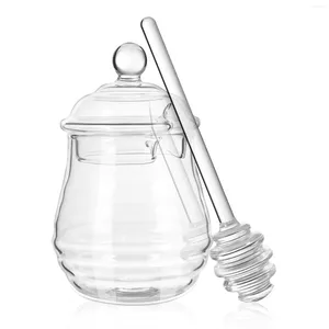 Dinnerware Sets Honey Dispenser Pot Clear Container Spoons Jam Jars Lids Storage Glass Containers Dipper Bee