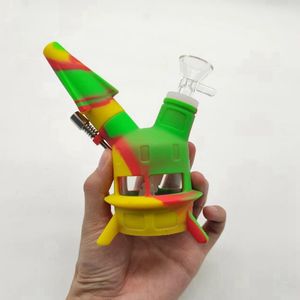 Latest Colorful Silicone Bong Pipes Kit UFO Airship Style Dry Herb Tobacco Glass Funnel Bowl Spoon Handpipes Portable Hookah Smoking Cigarette Holder Tube