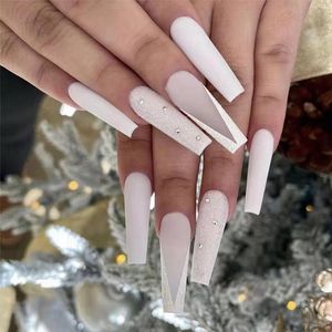 False Nails 24Pcs Long Coffin Ballerina White Frosted V-shaped French Designs Fake Full Cover Nail Tips Press On