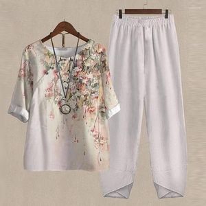 Damen T-Shirts Harajuku Vintage Damen Zweiteiler 2023 Frühling Bedruckte Oberteile Pullover Und Feste Hosenanzüge Sommer Lässig Lose Straße