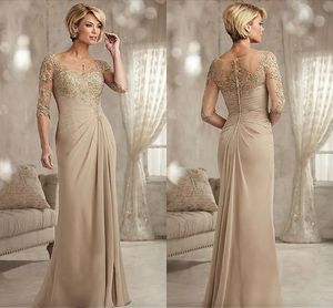 Champagne Mother of the Bride Abites Plus Times 2023 Chiffon Mezzo maniche Abito da sera Godmother per matrimonio Nuovo pizzo di perline