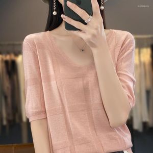 Women's T Shirts Summer Woman's Tops Thin T-Shirt Short Sleeve V-Neck Sexy Tees Female Pullover Cool Comfortable Blouse Wool Mixed