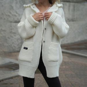 Women's Knits & Tees 2023 Fall/Winter Hooded Sweater Jacket Knitted Cardigan Pocket Mid-length Lantern Sleeve JacketWomen's