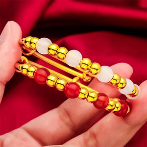 Women Bangle Adjust Bracelet Classic Solid Real 18k Gold Color Beads Jewelry Wedding Bridal Accessories Gift