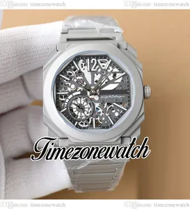 43mm DJF Octo Finissimo 103667 Otomatik Erkek Saat iskeleti Dial Mavi Çubuk İşaretleri Titanyum Çelik Bilezik Bents Yeni Saatler Twbg TimezoneWatch