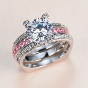 Wedding Rings Cute Pink Ring Set Round White Zircon Stone For Women Bridal Promise Engagement Couple Party Jewelry CzWedding