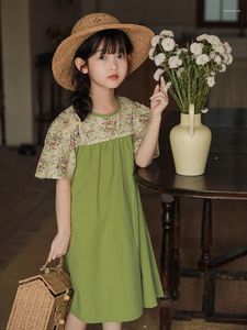 Flickaklänningar 2023 Summer Lantern Sleeve Dress Girls 'kontrastpanel Hög midja kjol Kidskläder Knäslängd 4-6Y 7-12Y Girls